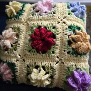 Vintage Handmade Crochet Flower Throw Pillow - Yellow with Multicolor Flowers